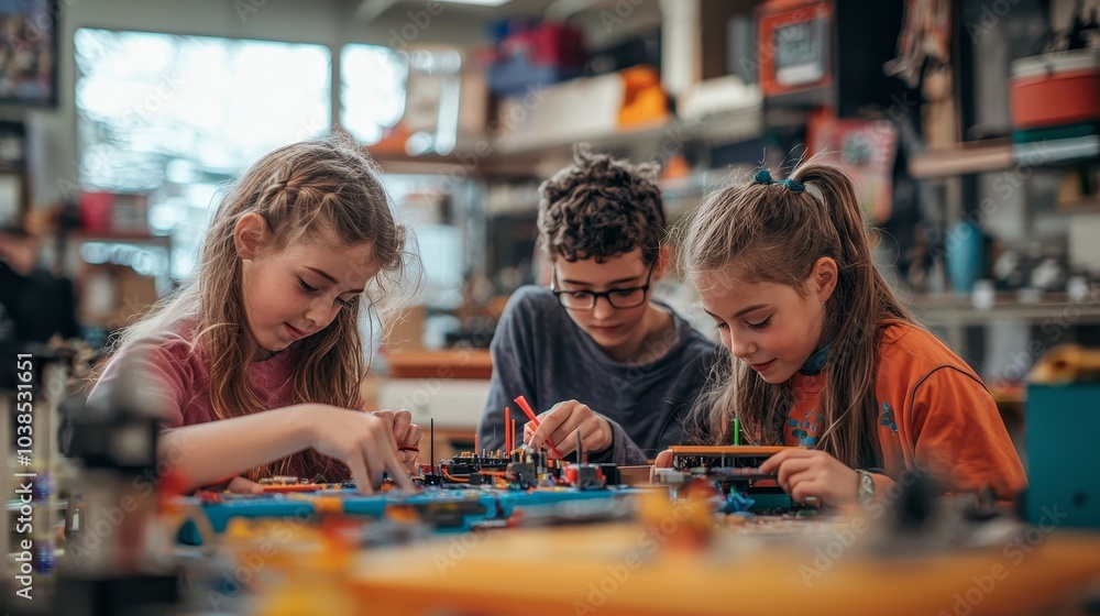 Fototapeta premium Children Collaborating on STEM Project in Workshop – Hands-On Learning and Teamwork in Science, Technology, Engineering, and Math