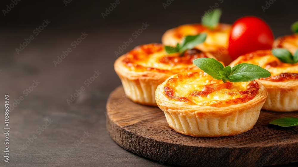 Delicious mini quiches garnished with fresh basil and cherry tomatoes Delicious mini quiches garnished with fresh basil and cherry tomatoes