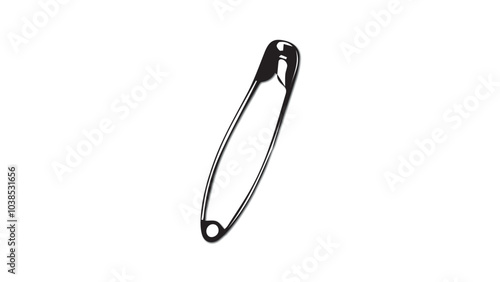 Black closed pin for fastening isolated on white background, office concept, school supplies, stationery element for fastening documents, pin for sewing, decoration and design, metal chrome safety pin