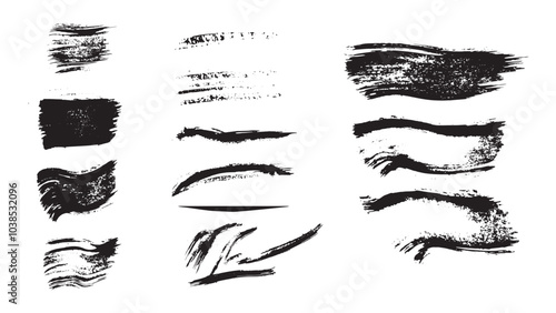 Set of curved and straight black lines made in ink for beautiful design, grunge line collection, painted rectangular diagonal shapes of different shapes and thicknesses, grunge set of strokes for text