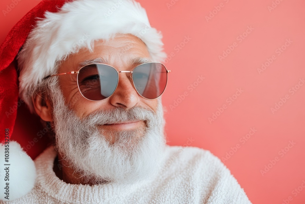 An elderly man with a contented smile, sporting rose-tinted sunglasses and a Santa hat, stands against a festive red background, exuding warmth and joy. An elderly man with a contented smile, sporting rose-tinted sunglasses and a Santa hat, stands against a festive red background, exuding warmth and joy.