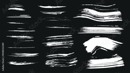 Set of curved and straight white lines made in ink for design, grunge line collection, collection of fuzzy bold horizontal lines for grunge style design, set of black ink strokes, grunge wallpapers