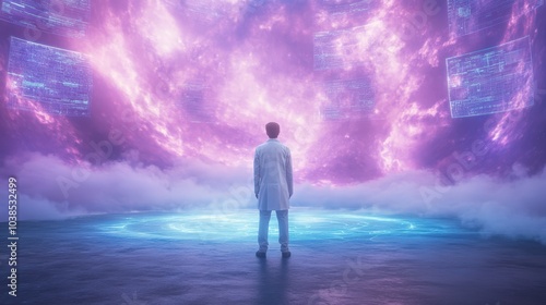 man standing in futuristic landscape with purple clouds