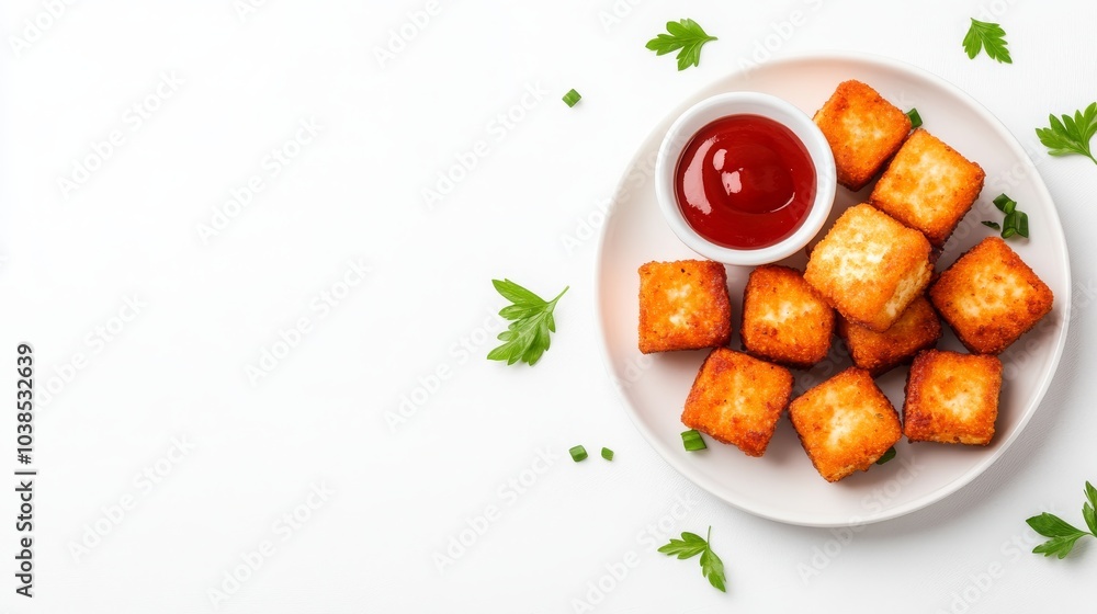 Crispy golden fried tofu bites with dipping sauce Crispy golden fried tofu bites with dipping sauce