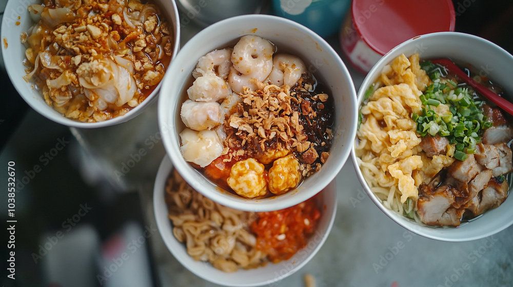 Delicious bowls of noodles and dumplings arranged beautifully at a street food stall in Asia Delicious bowls of noodles and dumplings arranged beautifully at a street food stall in Asia