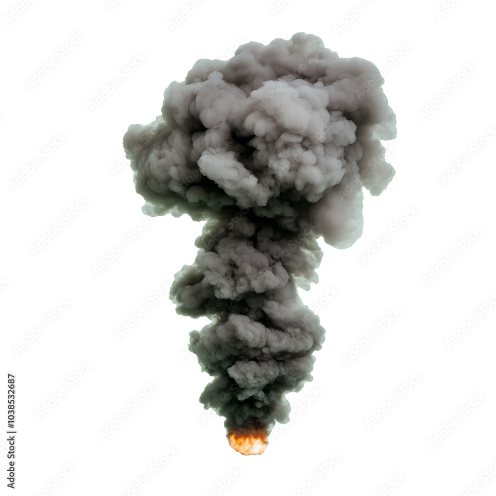 Dramatic smoke plume rising with fiery base on transparent background Dramatic smoke plume rising with fiery base on transparent background
