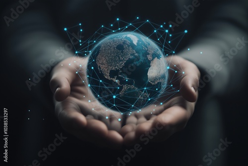 Hands holding a glowing digital globe with network connections, symbolizing global communication, technology, and connectivity.