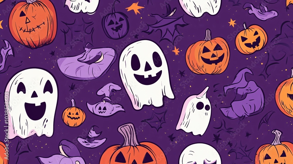 Halloween Cartoon Pumpkins Ghosts Witches Seamless Pattern Halloween Cartoon Pumpkins Ghosts Witches Seamless Pattern