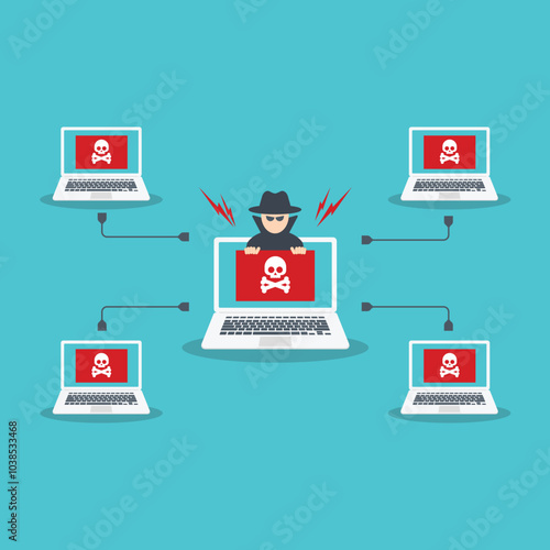Hacker attack on multiple connected computers.	