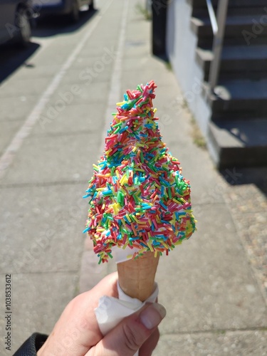 close-up of a delicious soft ice cream with colorful sugar sprinkles hold by a hand
