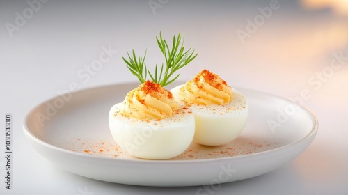 Elegant deviled eggs garnished with dill and paprika