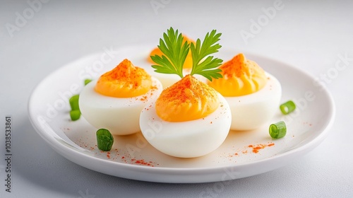 Deliciously garnished deviled eggs on a white plate