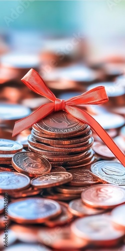 Closeup of a stack of coins with a diploma tied by ribbon, illustrating the cost of education and scholarship opportunities Neutral background, clear focus on financial themes photo