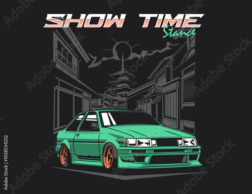 90s car with Japanese traditional urban scene background illustration vector graphic photo