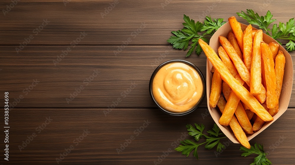 Crispy sweet potato fries with dipping sauce on wooden table Crispy sweet potato fries with dipping sauce on wooden table