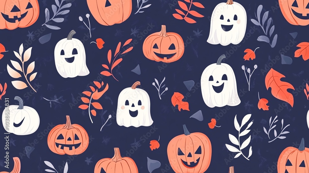 Halloween Pumpkin and Ghost Seamless Pattern Autumn Leaves Spooky Design Halloween Pumpkin and Ghost Seamless Pattern Autumn Leaves Spooky Design