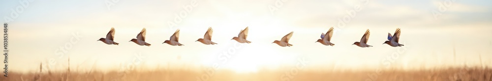 Obraz premium flock of birds flying in the sky at sunset