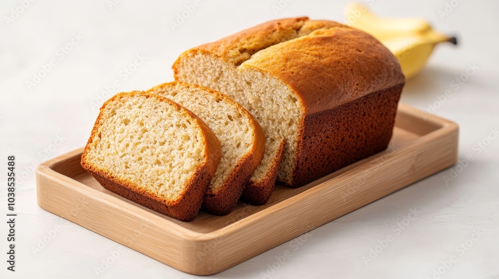 Freshly baked banana bread with slices on a wooden tray Freshly baked banana bread with slices on a wooden tray