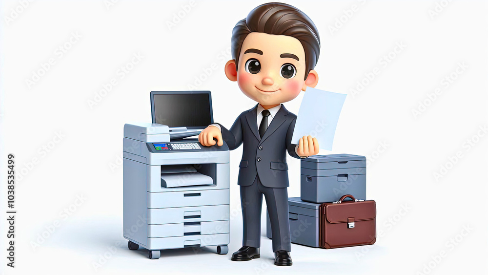 Businessman Holding A Paper Near A Printer. Businessman Holding A Paper Near A Printer.