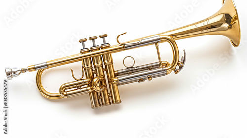 Studio shot of an isolated trumpet on a white background, showcasing its polished design and details.