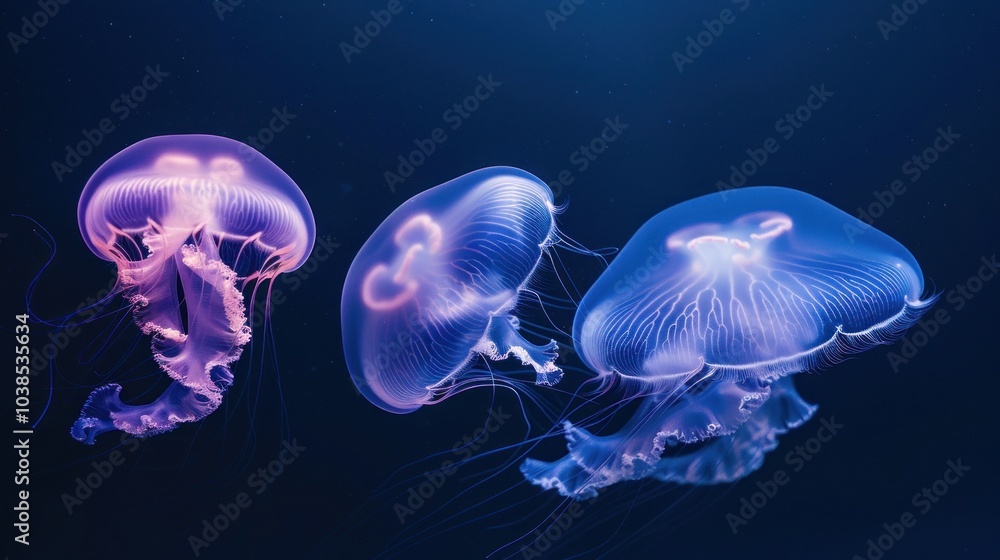 Three Jellyfish Swimming in Blue Water Three Jellyfish Swimming in Blue Water