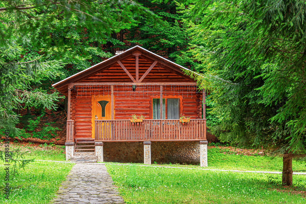 Wooden house in green forest in summer day.