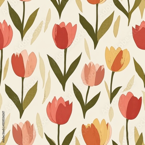 Wallpaper Mural Vintage Spring tulip field pattern on vintage beige fabric background, seamless repeating pattern, textile print style, minimal, Spring design, seamless tulip field pattern, home decor, textiles Torontodigital.ca