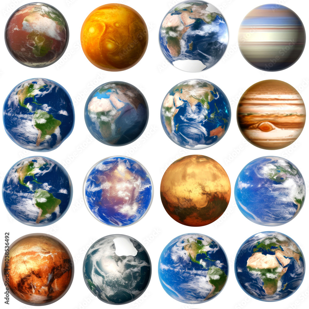 Collage of 16 planet illustrations with different colors and textures. Collage of 16 planet illustrations with different colors and textures.