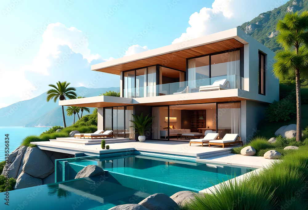 Fototapeta premium Luxury hotel swimming pool, Modern and luxury house.
