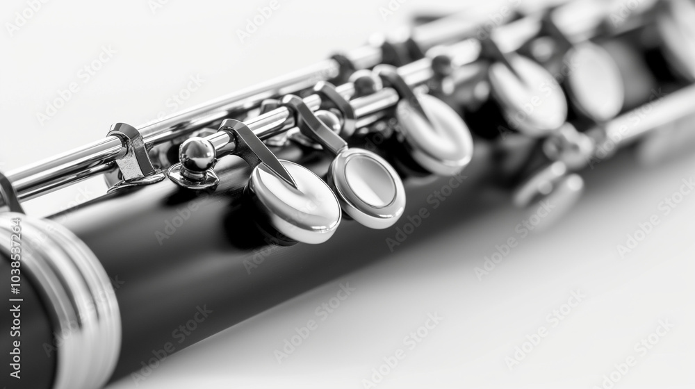 Fototapeta premium Detailed close-up of a black clarinet, showcasing its keys and body, isolated on a white background.