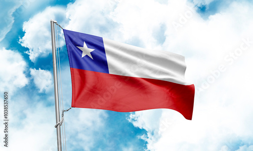 Chile flag waving on sky background. 3D Rendering