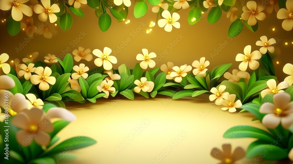 A serene floral backdrop with soft lighting and green foliage. A serene floral backdrop with soft lighting and green foliage.