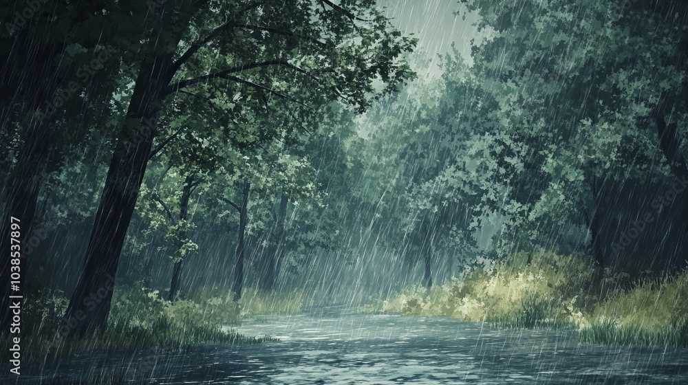 A serene forest scene with rain falling over a tranquil stream. A serene forest scene with rain falling over a tranquil stream.