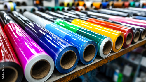 Colorful rolls of vinyl film in a warehouse.