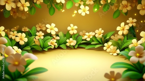 A serene floral backdrop with soft lighting and green foliage.