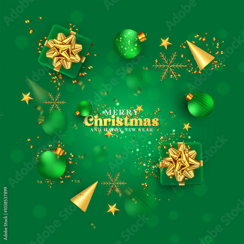 Top View Christmas holiday web banner design with hanging Xmas ball, bokeh effect, ribbon, and snow. Merry Christmas and New Year festival green color background design. Winter Xmas template. 