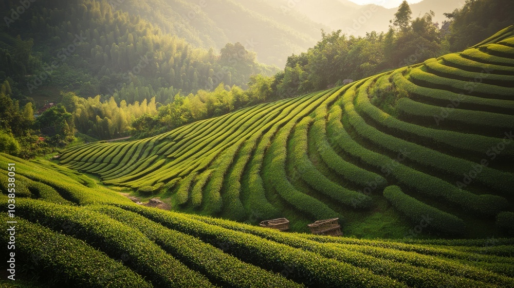 Fototapeta premium A serene tea plantation with rows of tea bushes on rolling hills, Traditional tea picking baskets and tools in use, Tea culture style