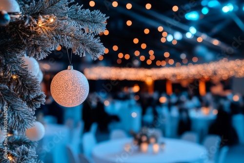 A beautifully decorated Christmas ornament hanging on a tree, surrounded by a dazzling array of soft, warm lights, creating a magical and festive atmosphere. photo