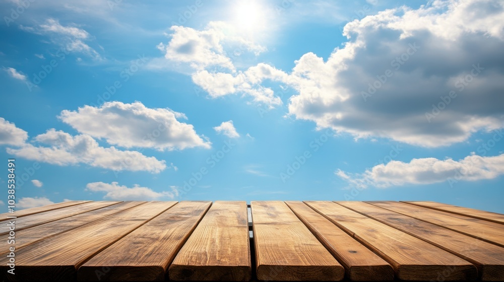 Smooth wooden table top with open space, background featuring blue sky and soft white clouds for product display. Smooth wooden table top with open space, background featuring blue sky and soft white clouds for product display.