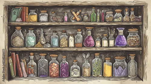 Illustration of occult magic magazine and shelf with various potions, bottles, poisons, crystals, salt. Alchemical medicine concept 