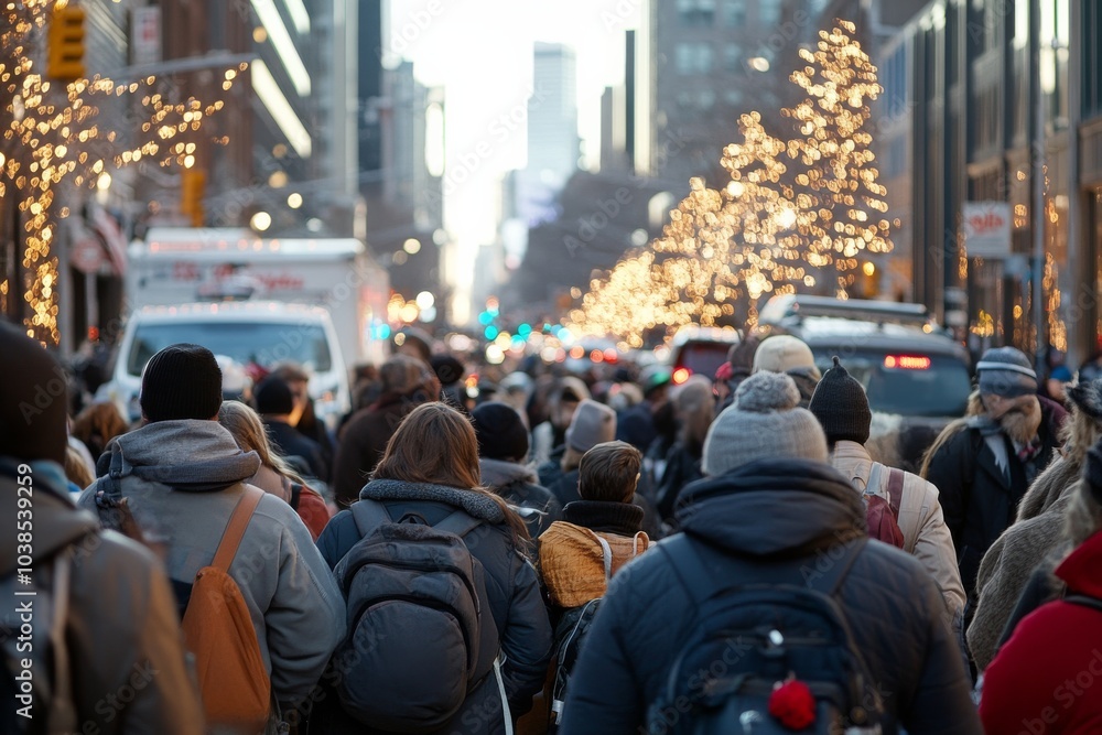 A bustling urban street filled with people bundled in winter clothing, adorned with festive lights, creating a warm and lively holiday atmosphere. A bustling urban street filled with people bundled in winter clothing, adorned with festive lights, creating a warm and lively holiday atmosphere.