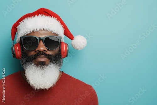 A stylish man with a white beard and Santa hat wearing sunglasses and red headphones against a teal background, embodying a modern holiday theme. photo