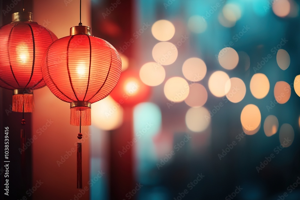 Red lanterns glow against a bokeh light backdrop Red lanterns glow against a bokeh light backdrop