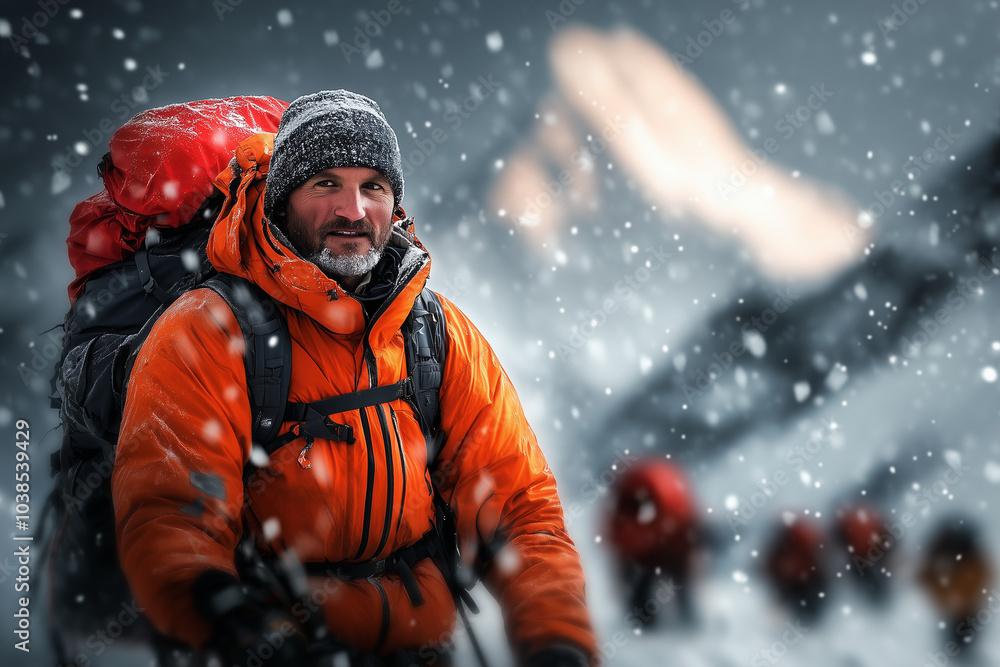 Group of climbers ascending a snowy slope. Group of climbers ascending a snowy slope.