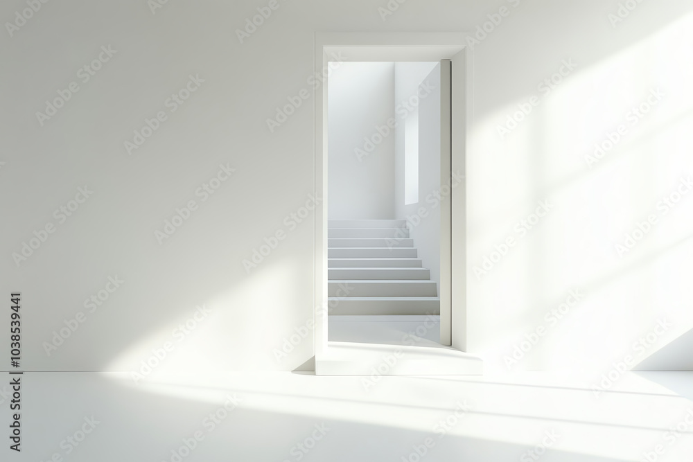 A bright, minimalistic interior with a doorway leading to stairs, showcasing simplicity and modern design. A bright, minimalistic interior with a doorway leading to stairs, showcasing simplicity and modern design.