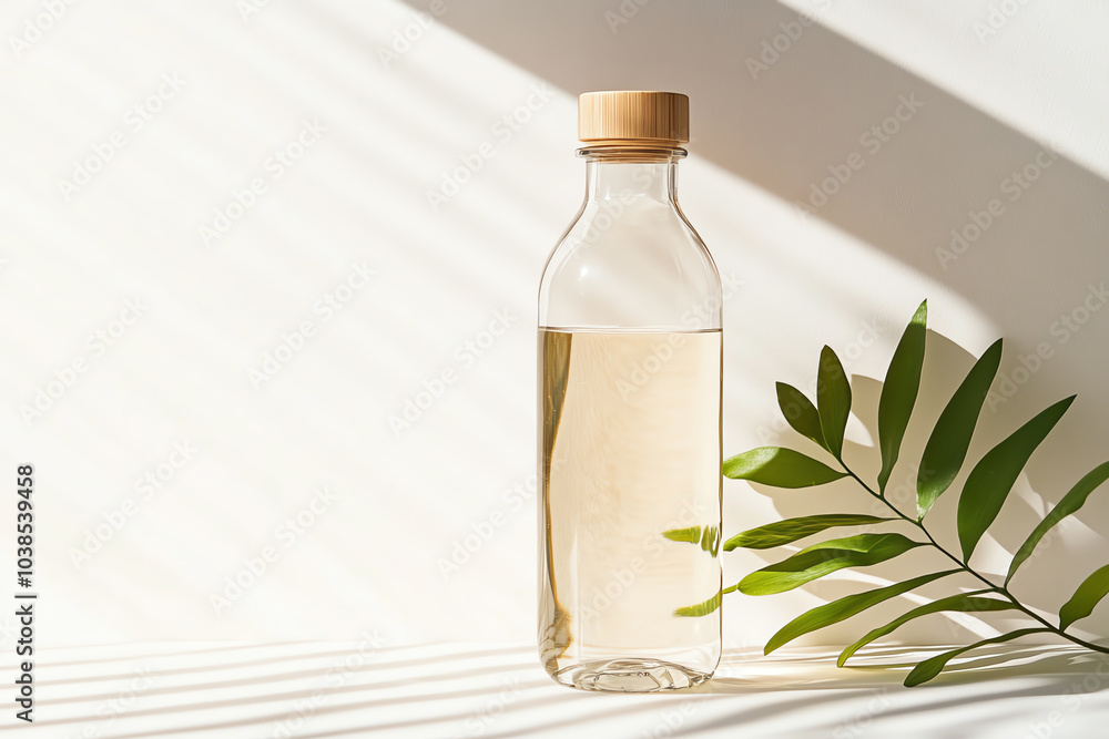 A clear bottle filled with water, featuring a wooden lid beside a fresh green leaf, illuminated by soft sunlight. A clear bottle filled with water, featuring a wooden lid beside a fresh green leaf, illuminated by soft sunlight.