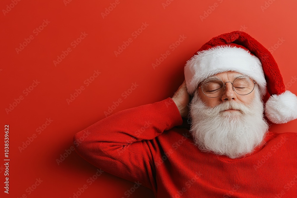Santa Claus takes a peaceful nap in a comfortable red sweater, set against a matching red wall. His serene expression and white beard add to the holiday tranquility. Santa Claus takes a peaceful nap in a comfortable red sweater, set against a matching red wall. His serene expression and white beard add to the holiday tranquility.