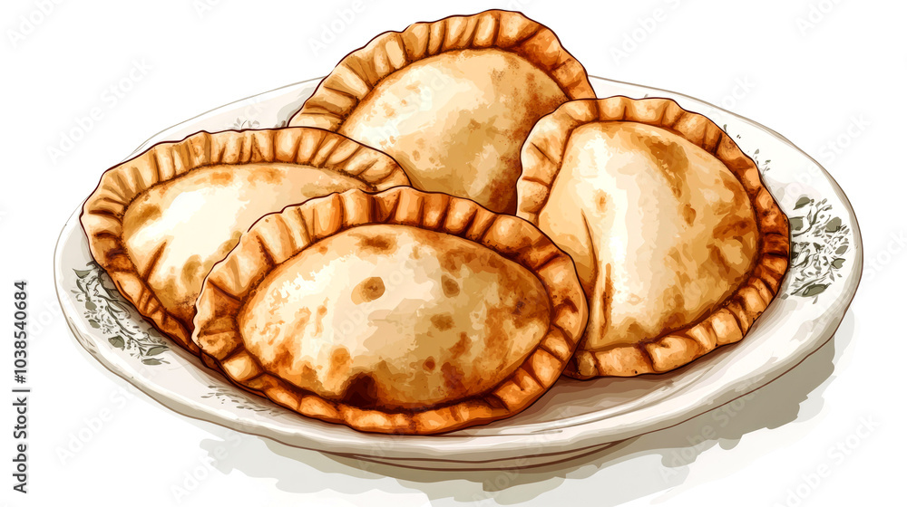 Four golden brown pastries on a white plate with a floral design.