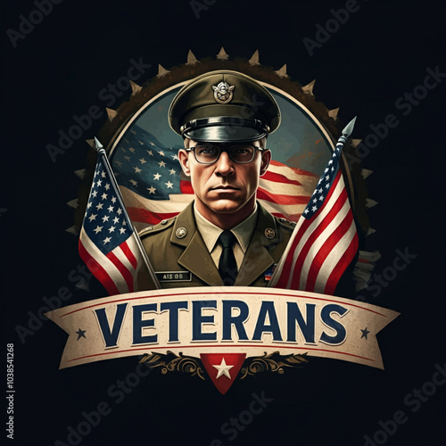 Patriotic Veterans Day Design: Military Hat, Stars & Stripes Shield, American Flags, and Flying Jets