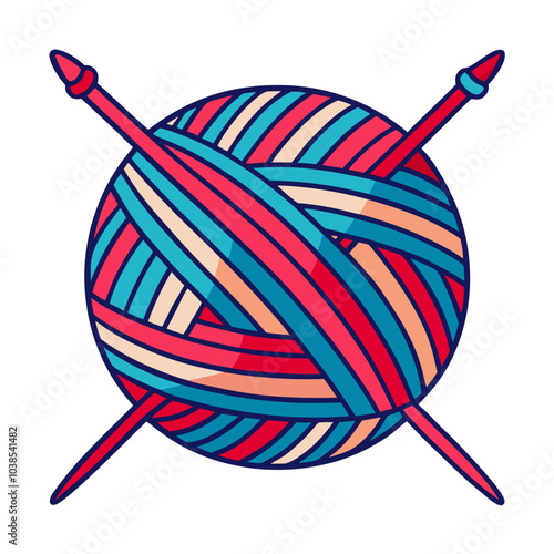 a ball of yarn with two knitting needles crossed through it. The yarn is wrapped in a pattern with alternating stripes of colors including red, blue, and beige